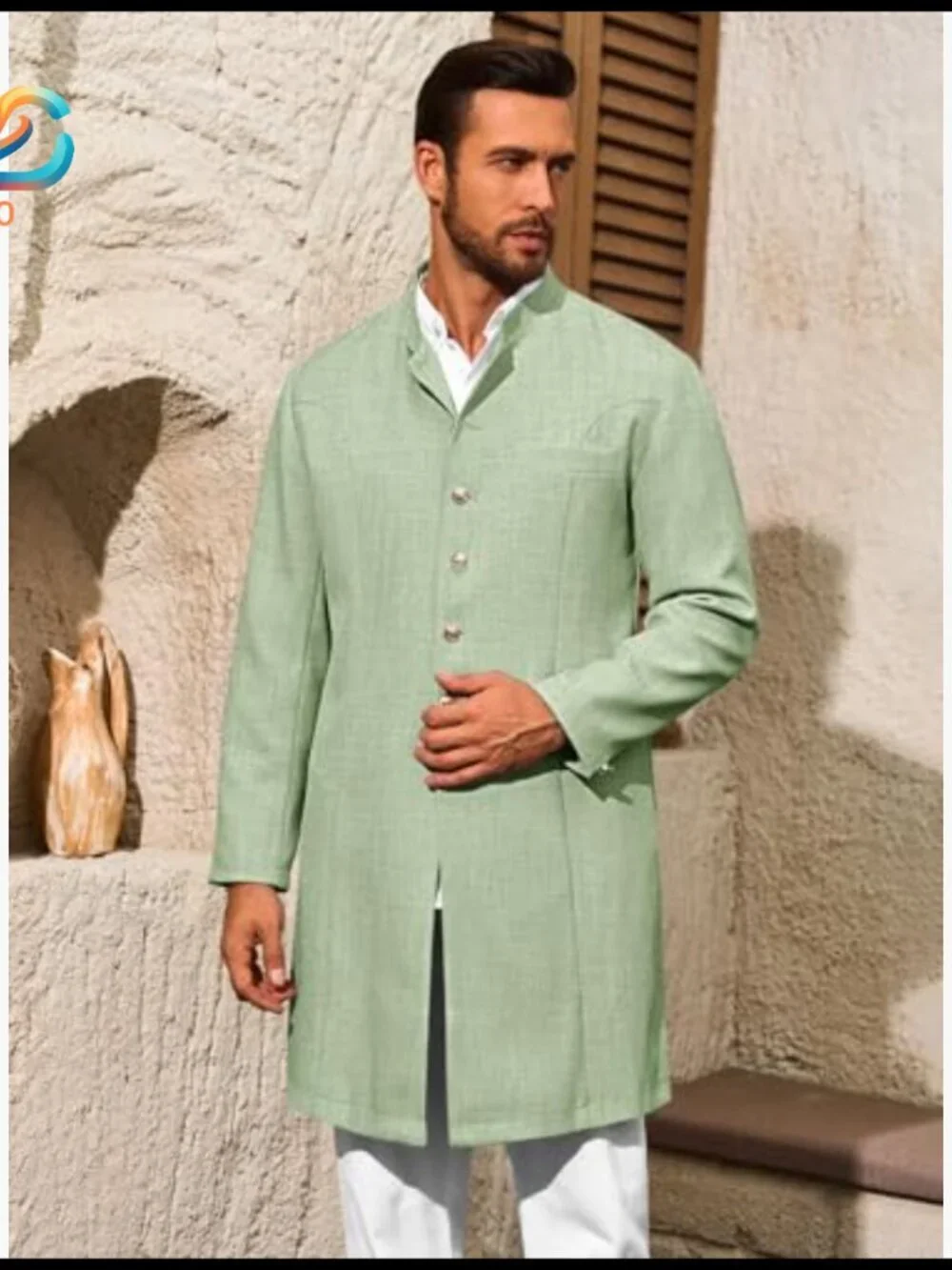 Men's Kurta Coat Mandarin Collar Ethnic Attire Wedding Party Casual